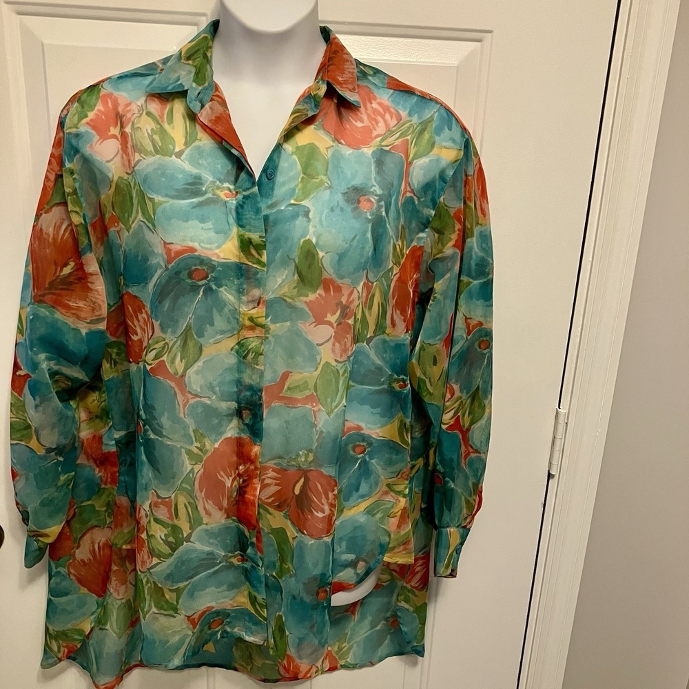 GOTTEX Vintage 80s Sz Small‎ Swim Coverup/ Kimono Floral Print Shirt Top RARE!